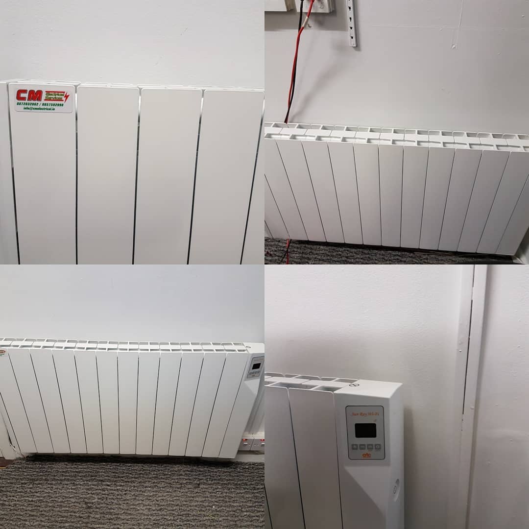 A CM Electrical Services graphic of four photos of electric storage heaters